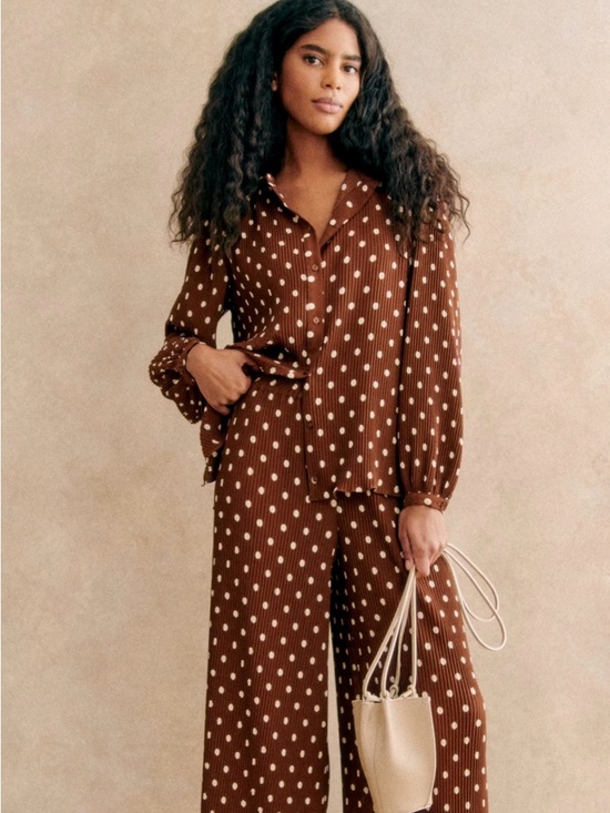 Sezane Pants - Sézane Classic Polka Dot Brown Wide-Leg Pants